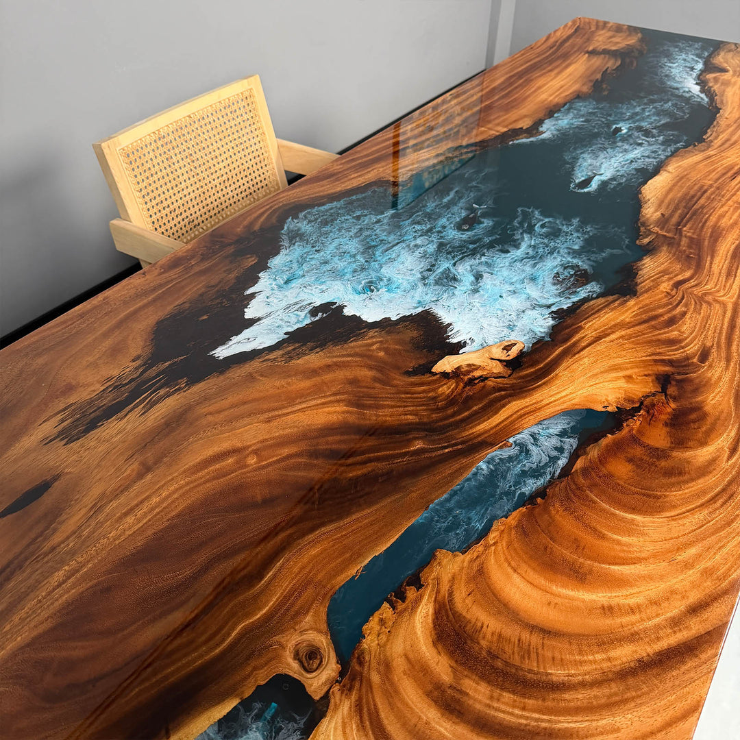 Modern statement dining table with blue resin river and wood slab