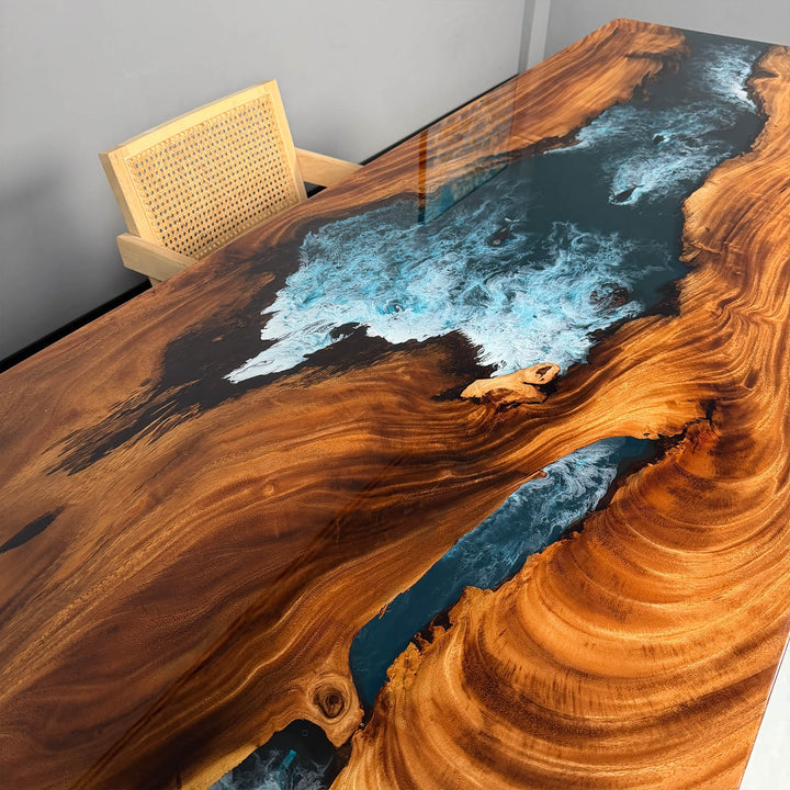 Modern statement dining table with blue resin river and wood slab