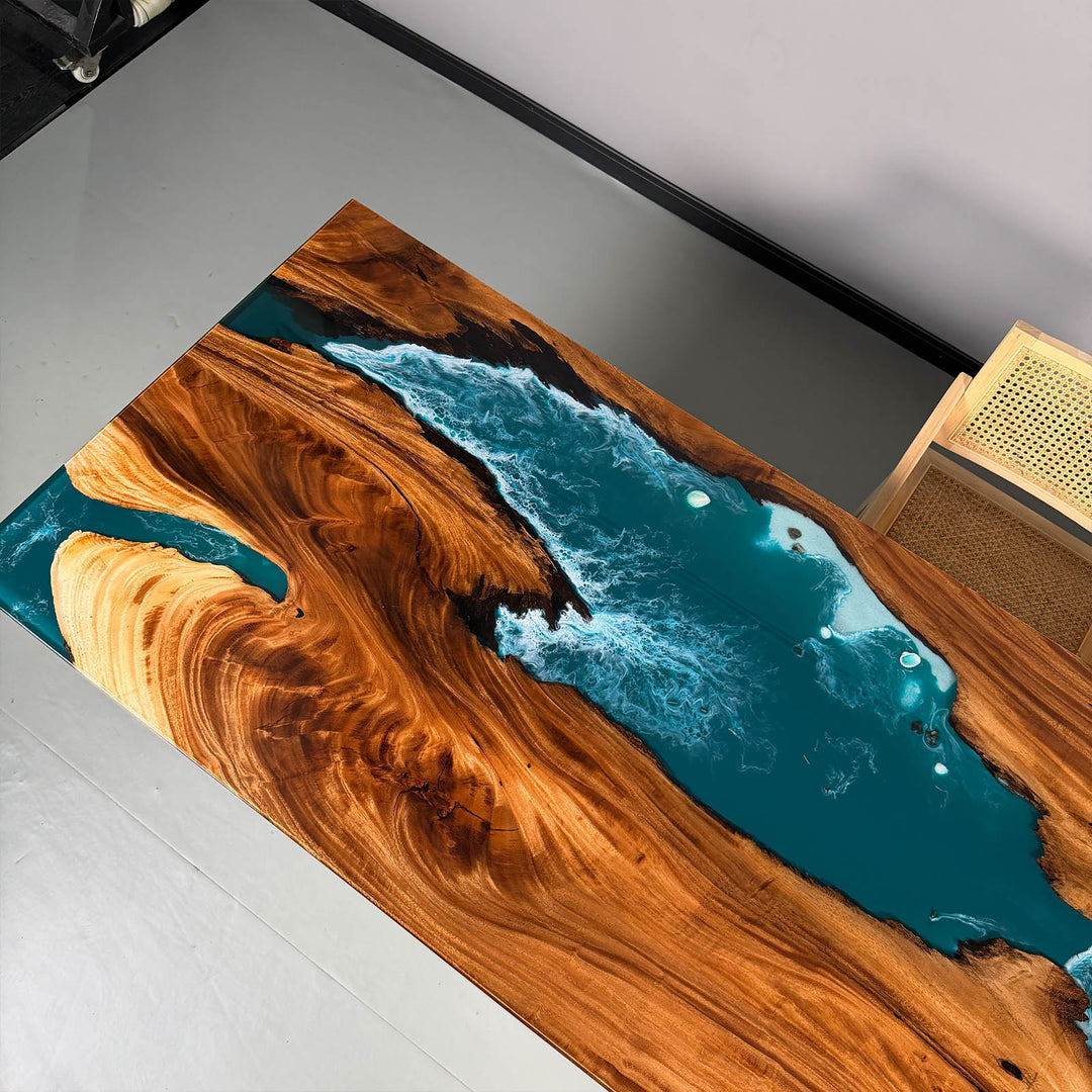 Luxury epoxy ocean wave table with natural hardwood surface