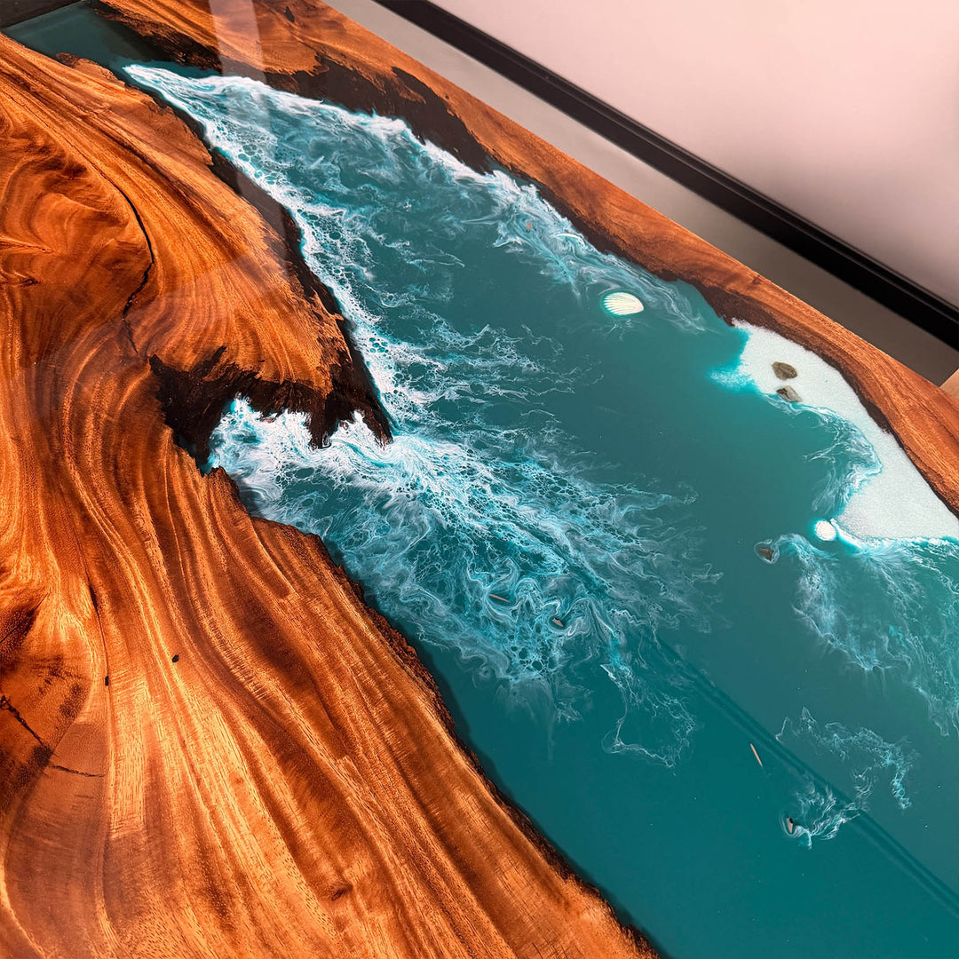 Contemporary blue resin river table with sculptural wood edges
