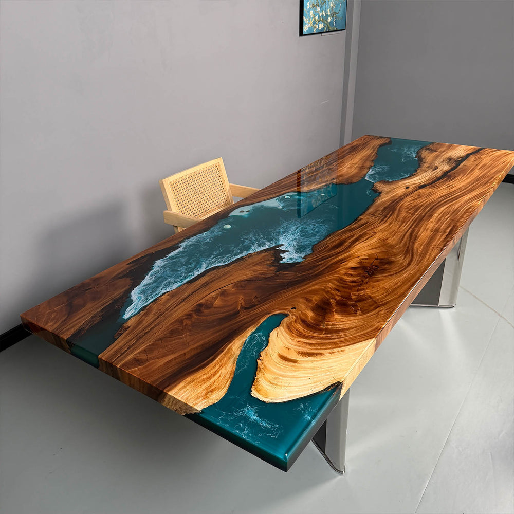 Handmade solid wood river table with turquoise epoxy resin center