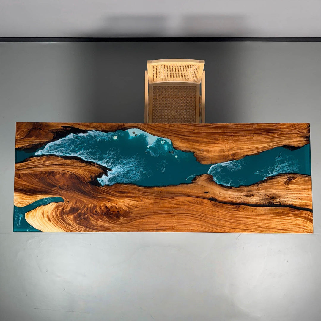 Modern ocean style epoxy river dining table with natural wood grain