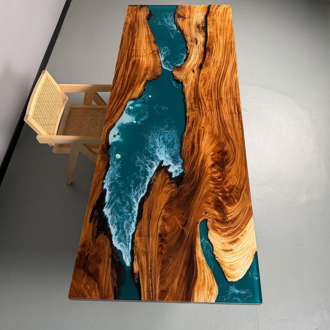 Artistic teal resin river table with live edge wood slabs