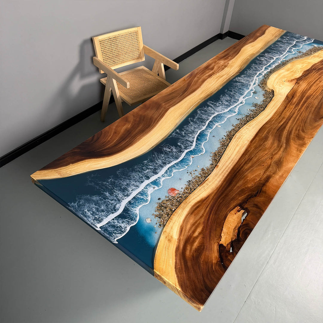Handcrafted coastal resin dining table featuring realistic ocean wave design