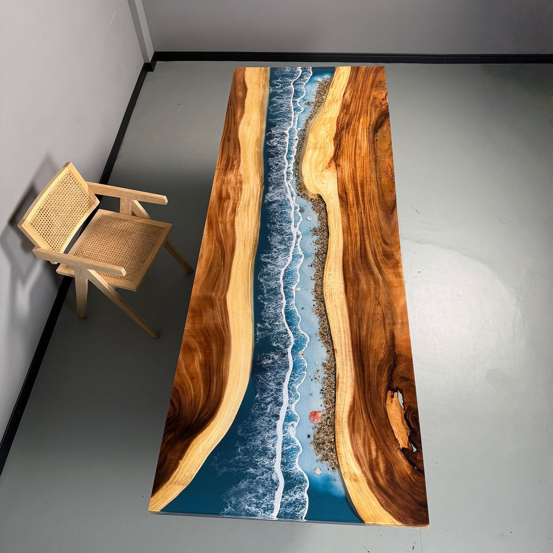Solid wood resin river table inspired by shoreline and beach scenery
