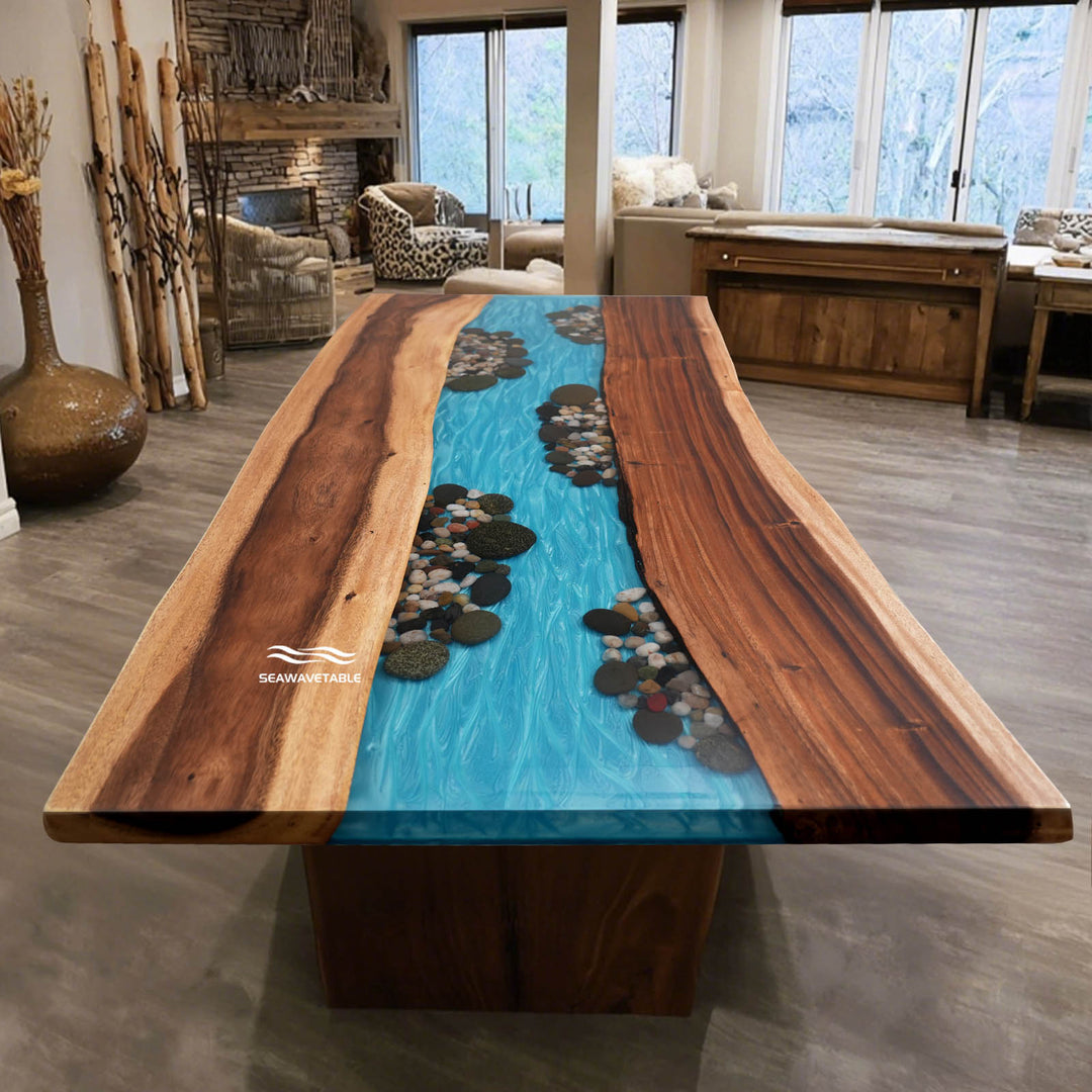 In-stock live edge walnut river resin table with embedded river pebbles