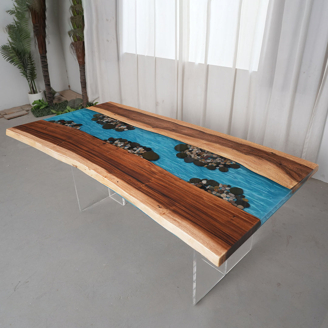 Unique walnut river resin table embedded with decorative river stones