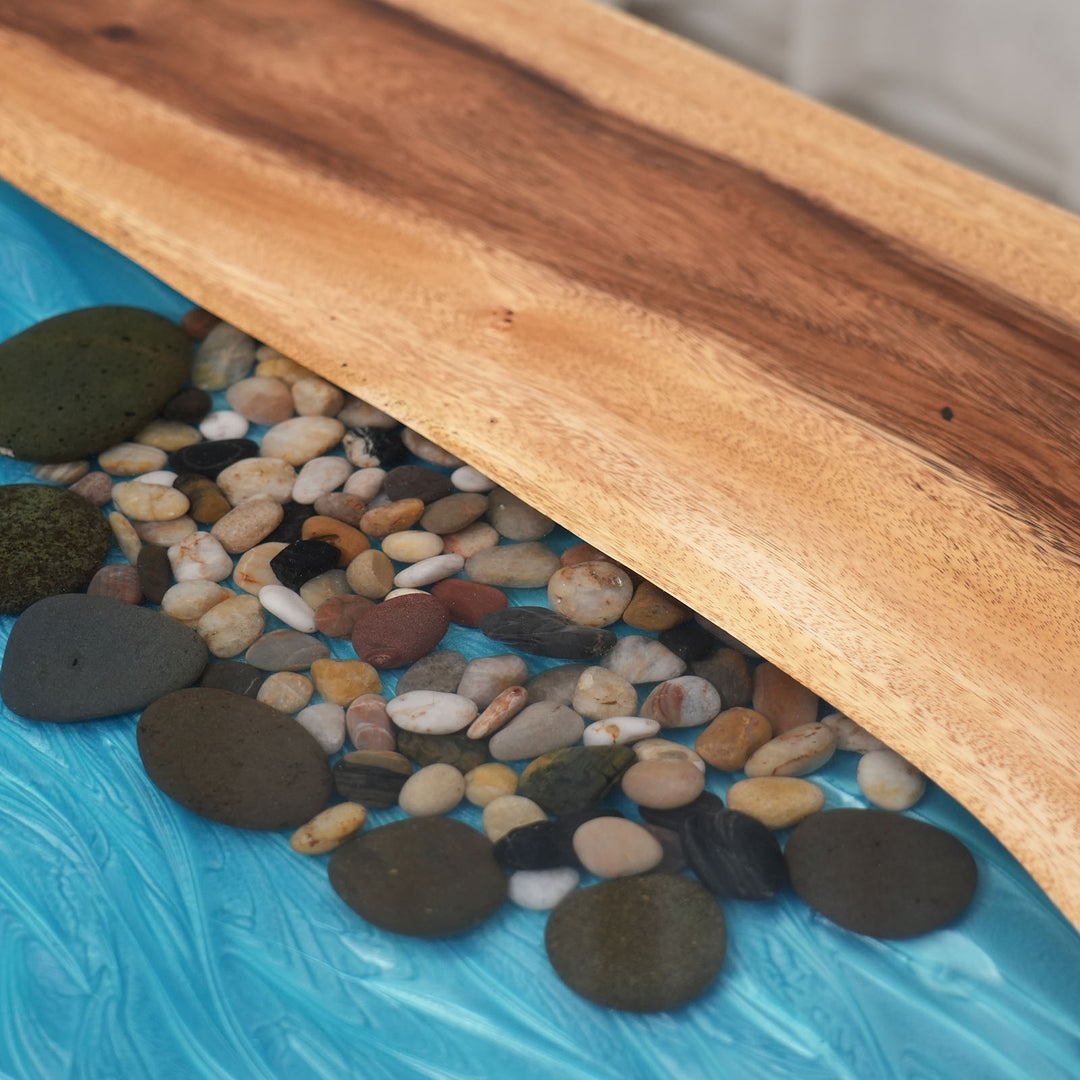 In-stock walnut river resin dining table with natural pebble details