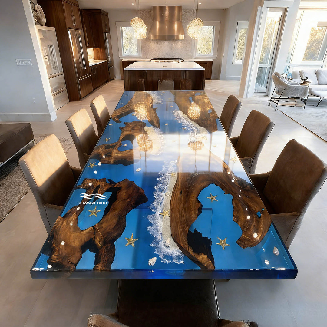 Handmade coastal epoxy table with embedded starfish and seashells
