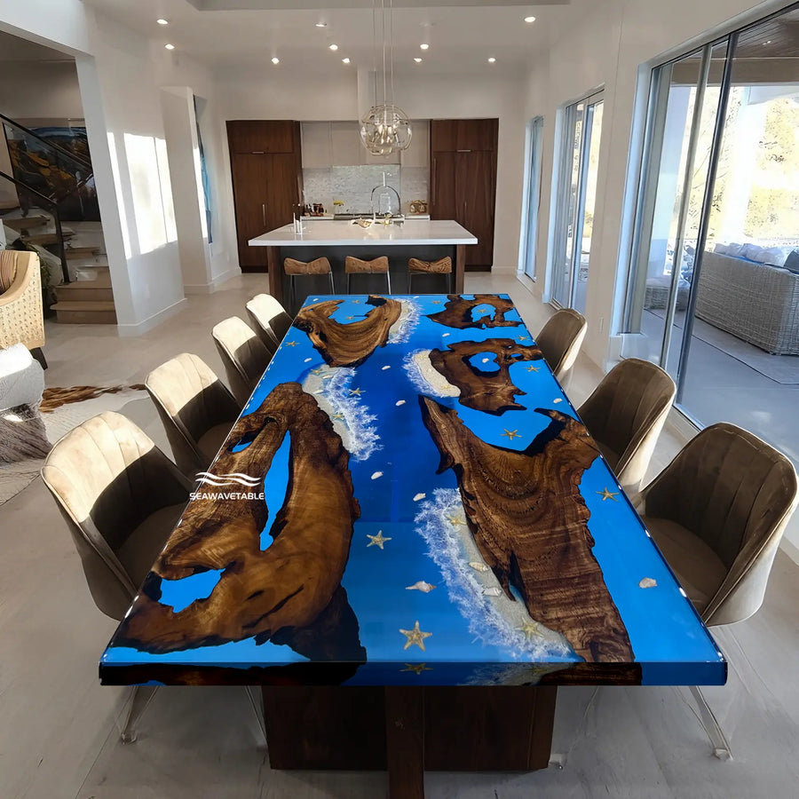 Handmade coastal epoxy table with embedded starfish and seashells