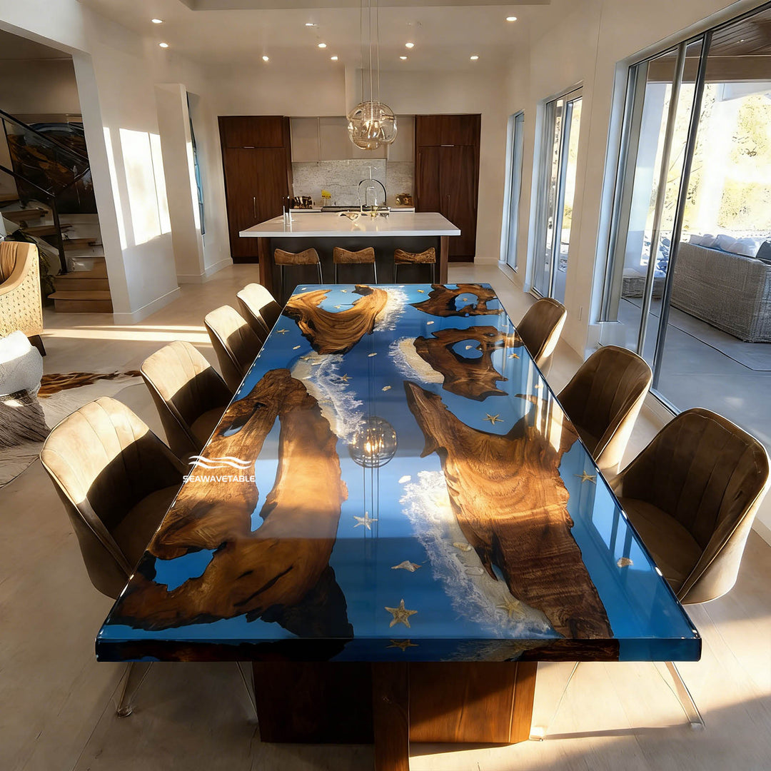 Unique epoxy resin dining table with beach sand and sea elements