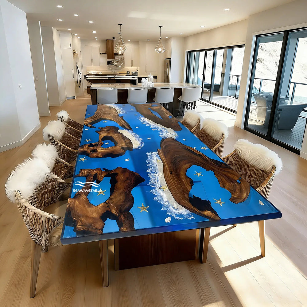 Unique epoxy resin dining table with beach sand and sea elements