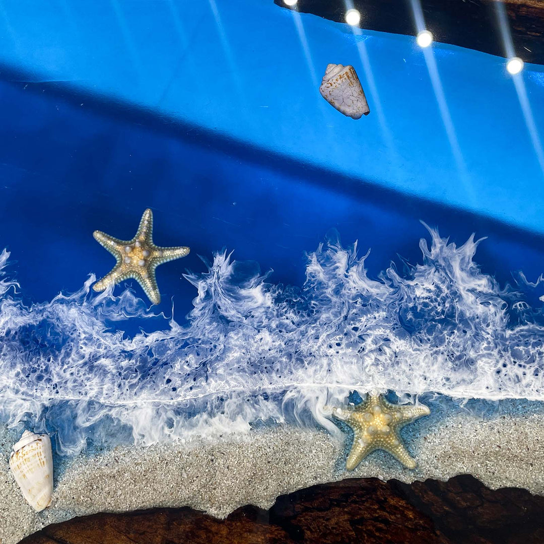 Handcrafted epoxy ocean table with realistic water texture