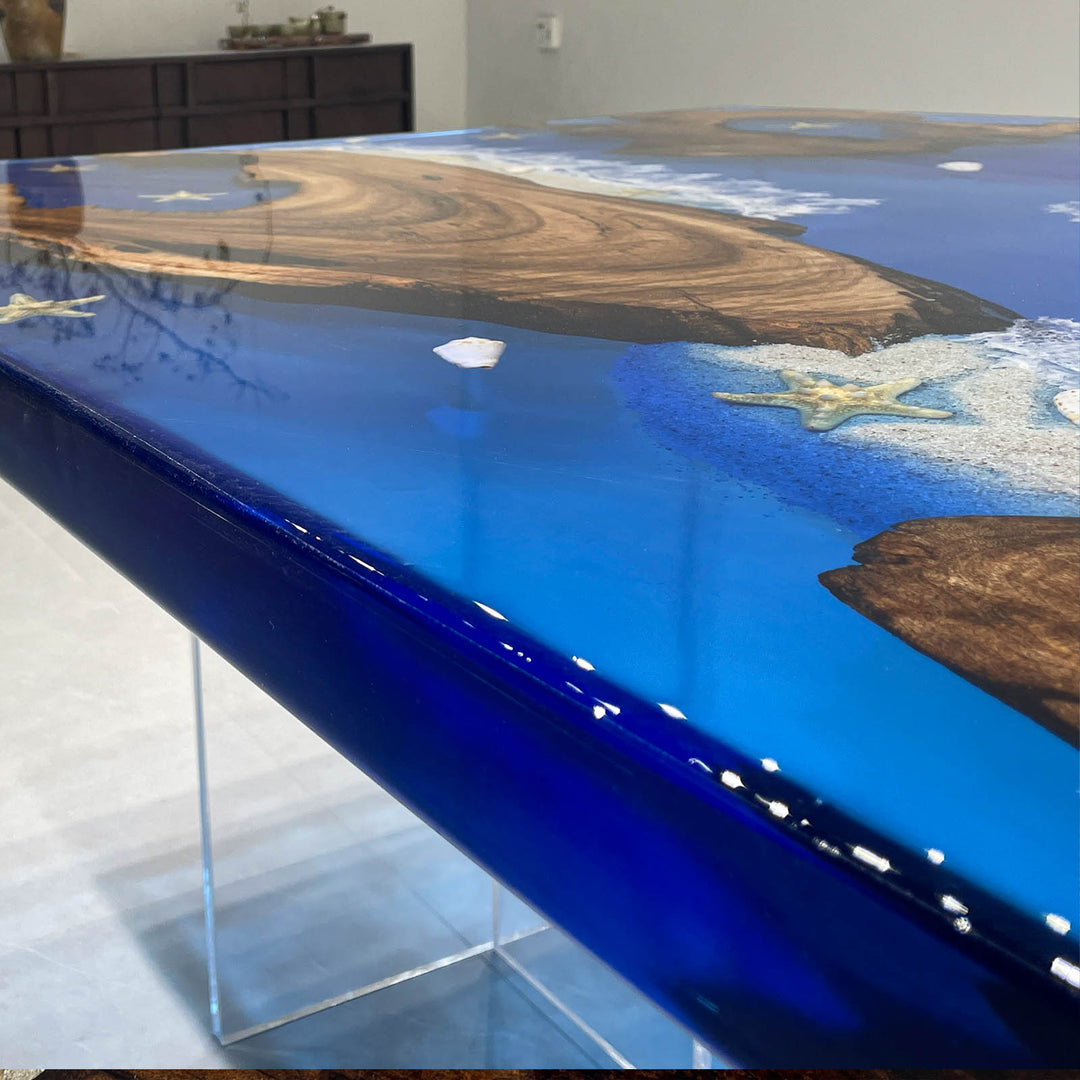 Modern coastal epoxy resin table with natural wood grain