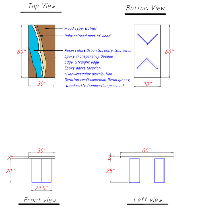 Schematic diagram of a walnut epoxy river table detailing dimensions (60x30 inch), wood type, and resin colors.