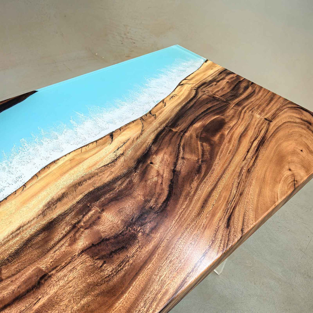 Custom walnut river table plan with blue irregular epoxy distribution and V-shaped bottom leg supports.