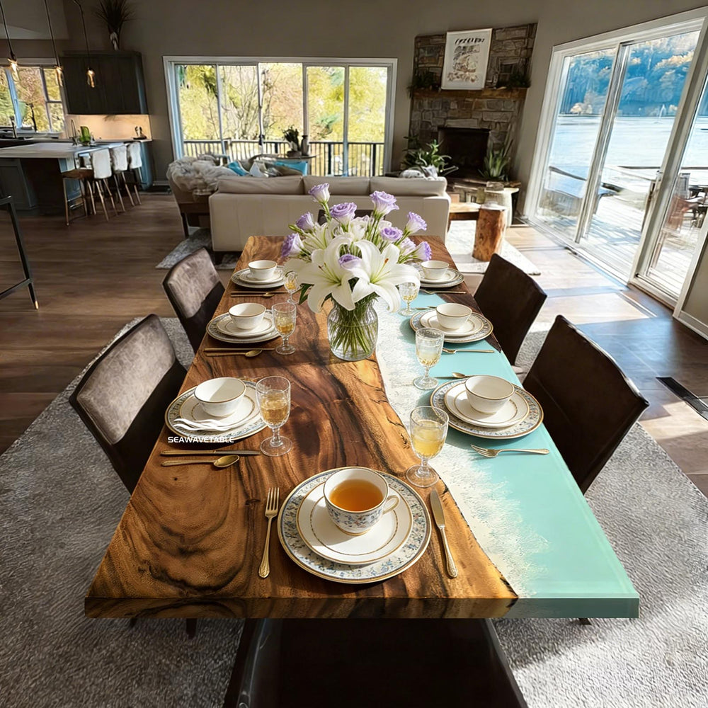 Modern dining room featuring a custom 60"x30" walnut and ocean resin river table.