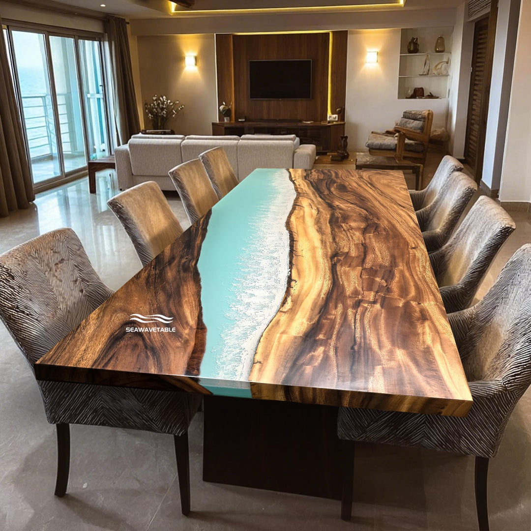 Straight edge walnut river dining table with "Ocean Serenity" blue epoxy resin and white sea wave effect.