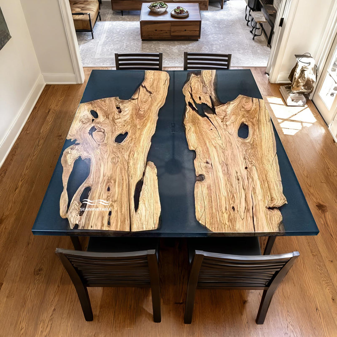 Black epoxy river table with natural hardwood slabs