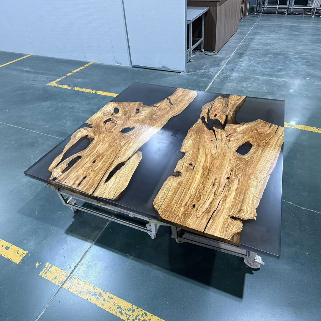 High gloss epoxy river table with organic slab design
