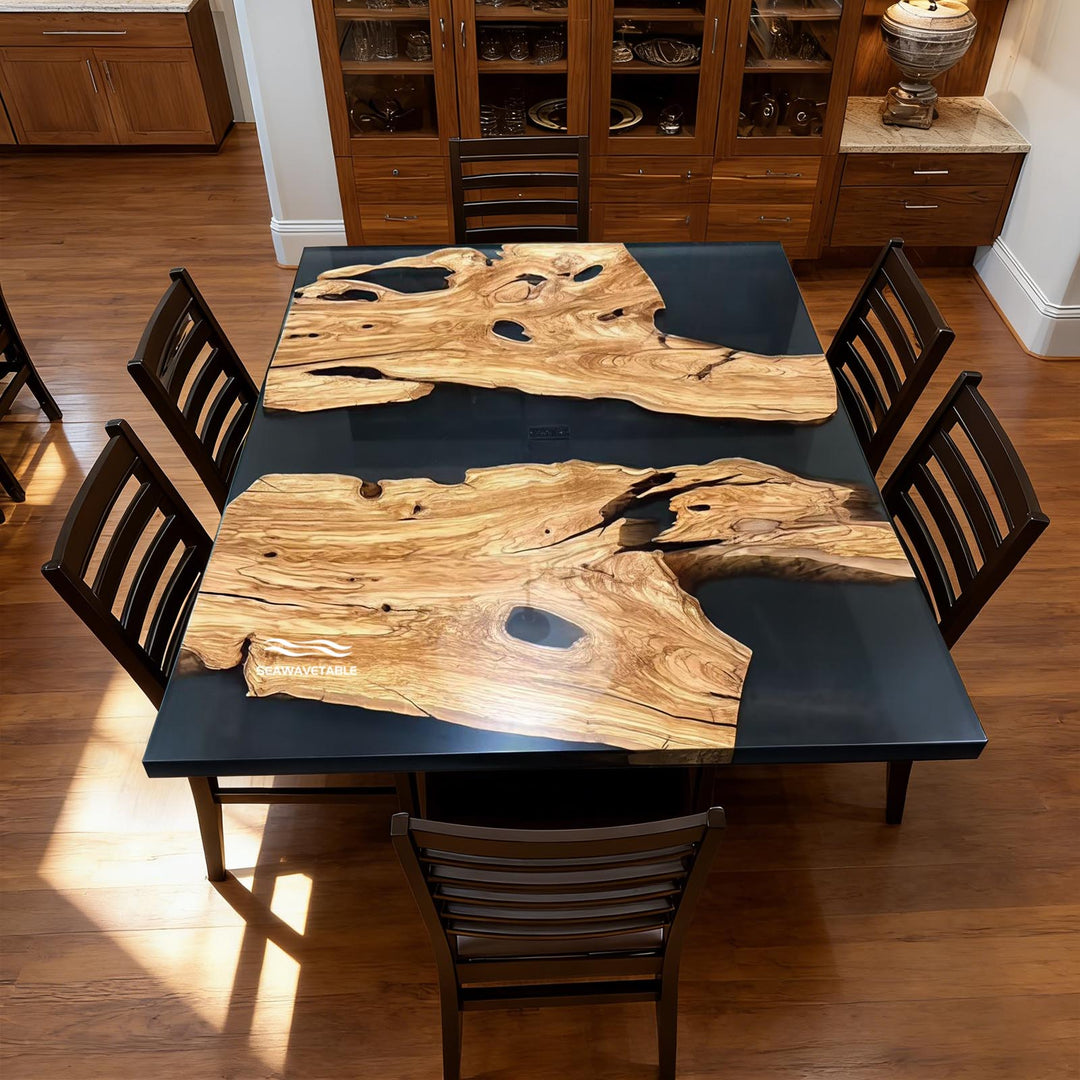 Handmade epoxy dining table with dramatic wood grain