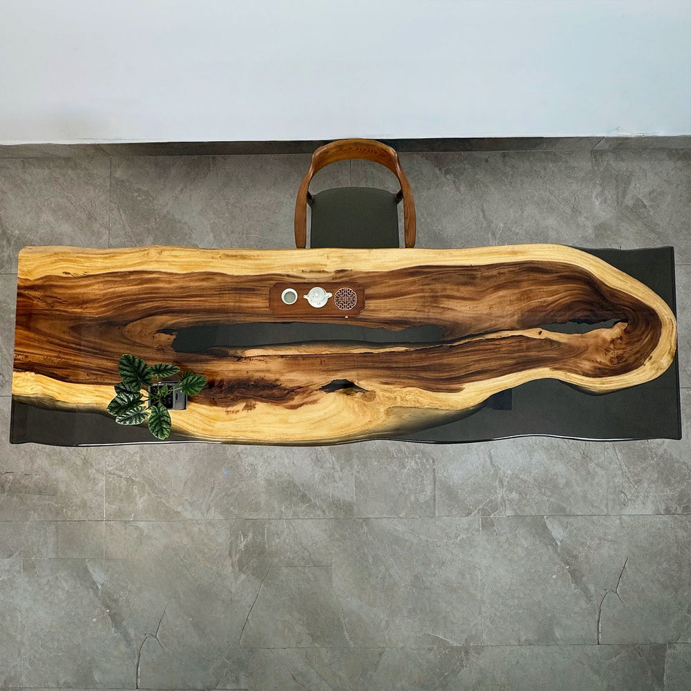 Solid walnut live edge epoxy resin dining table top view