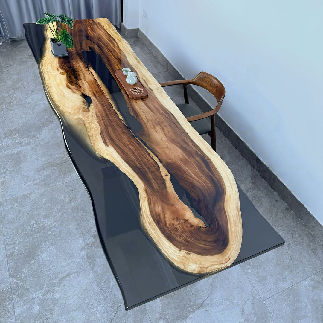 In stock custom walnut epoxy resin table with live edge design
