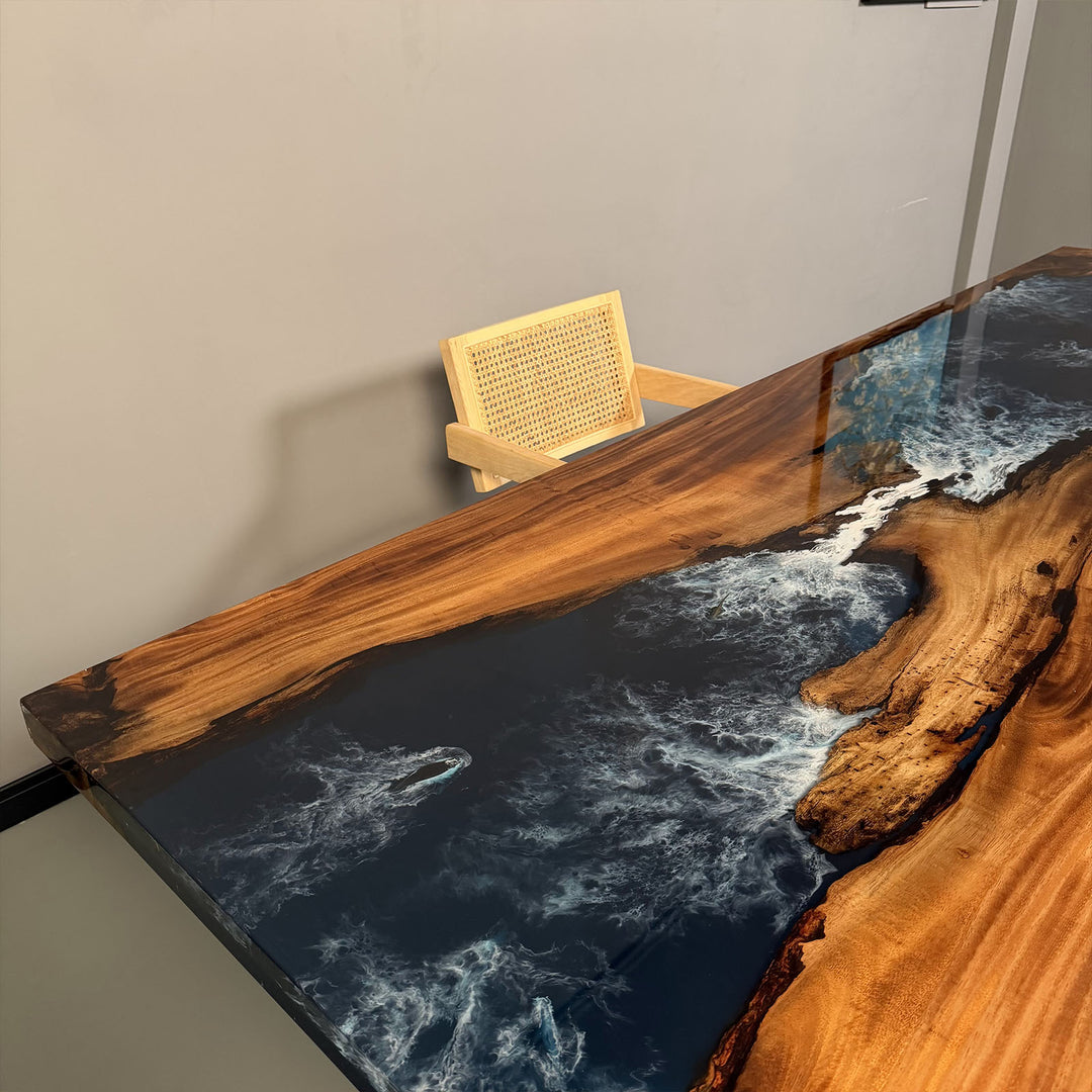 Modern luxury dining table made from solid wood and blue epoxy resin
