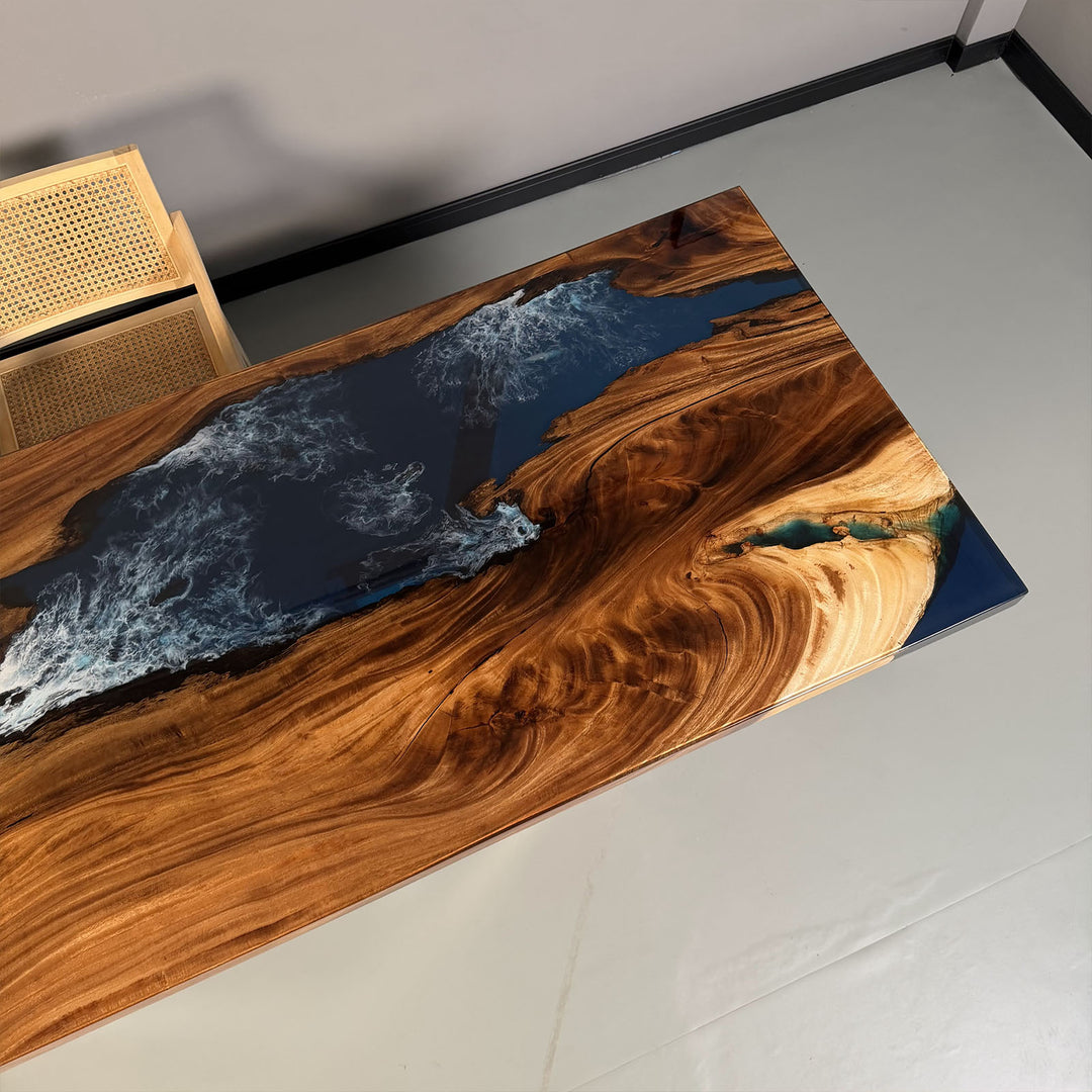 Ocean-inspired epoxy resin dining table with rich natural wood grain