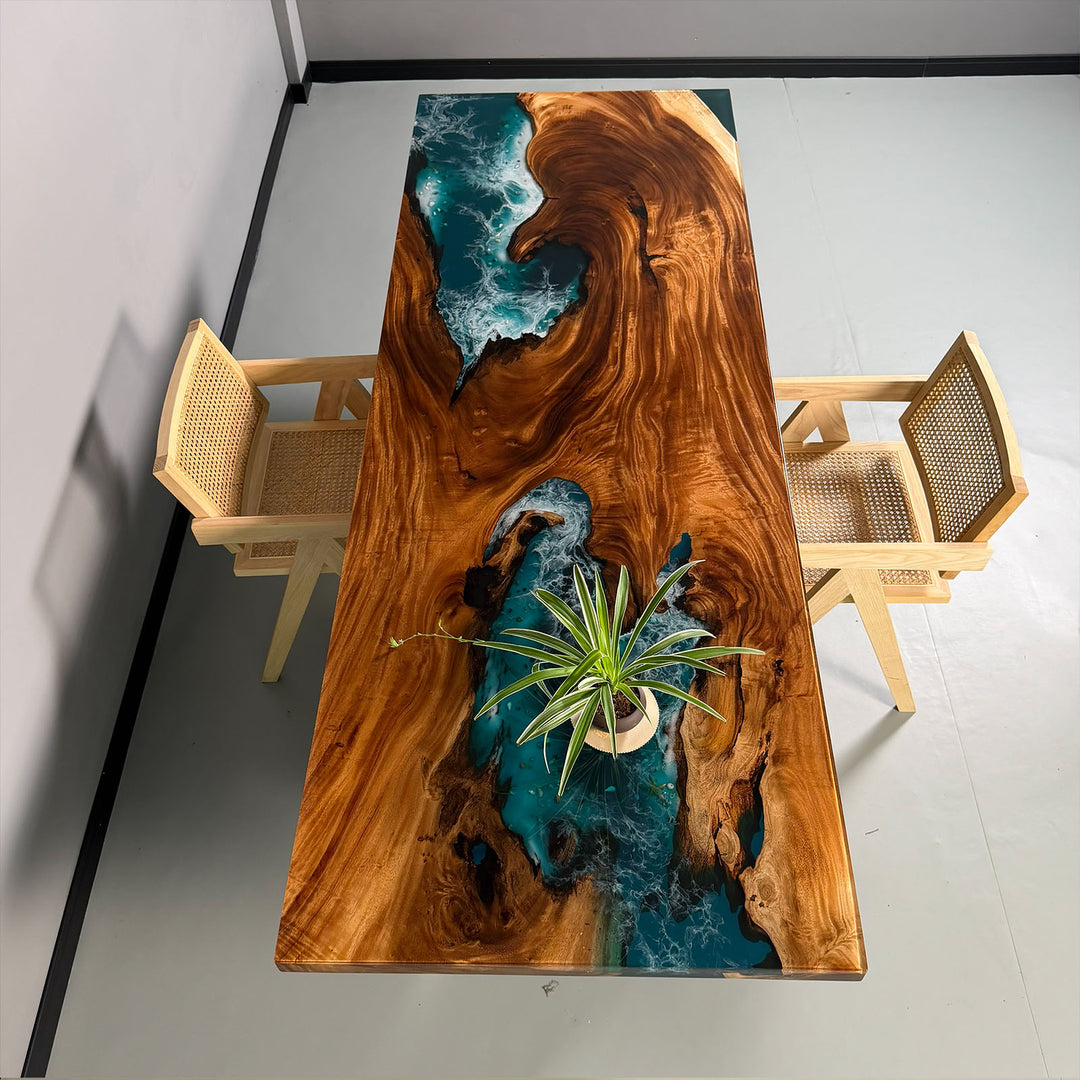 Ocean-inspired walnut epoxy river dining table with blue resin details