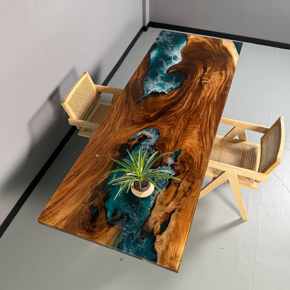 In stock solid walnut epoxy river table with natural wood grain