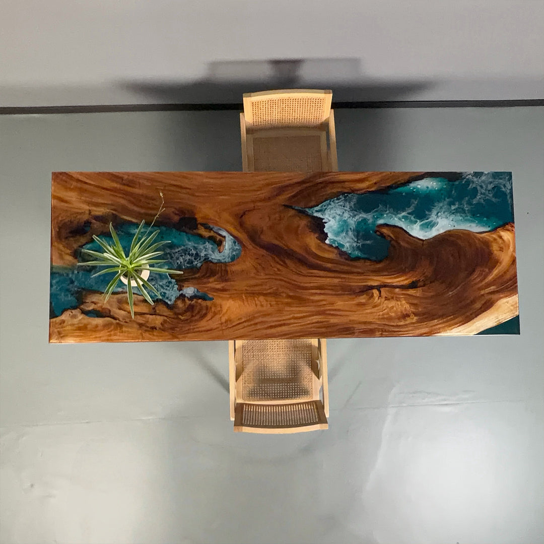 Handcrafted walnut epoxy resin dining table top view