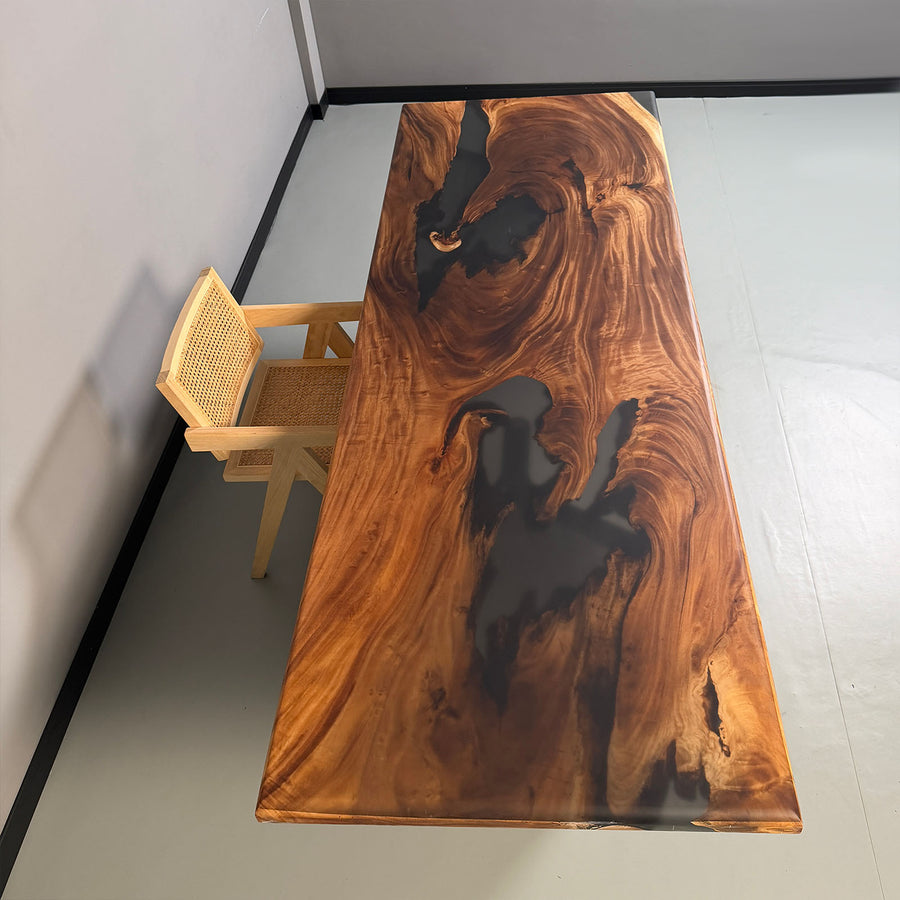 Handcrafted Solid Walnut Wood Table with live edge and epoxy river.