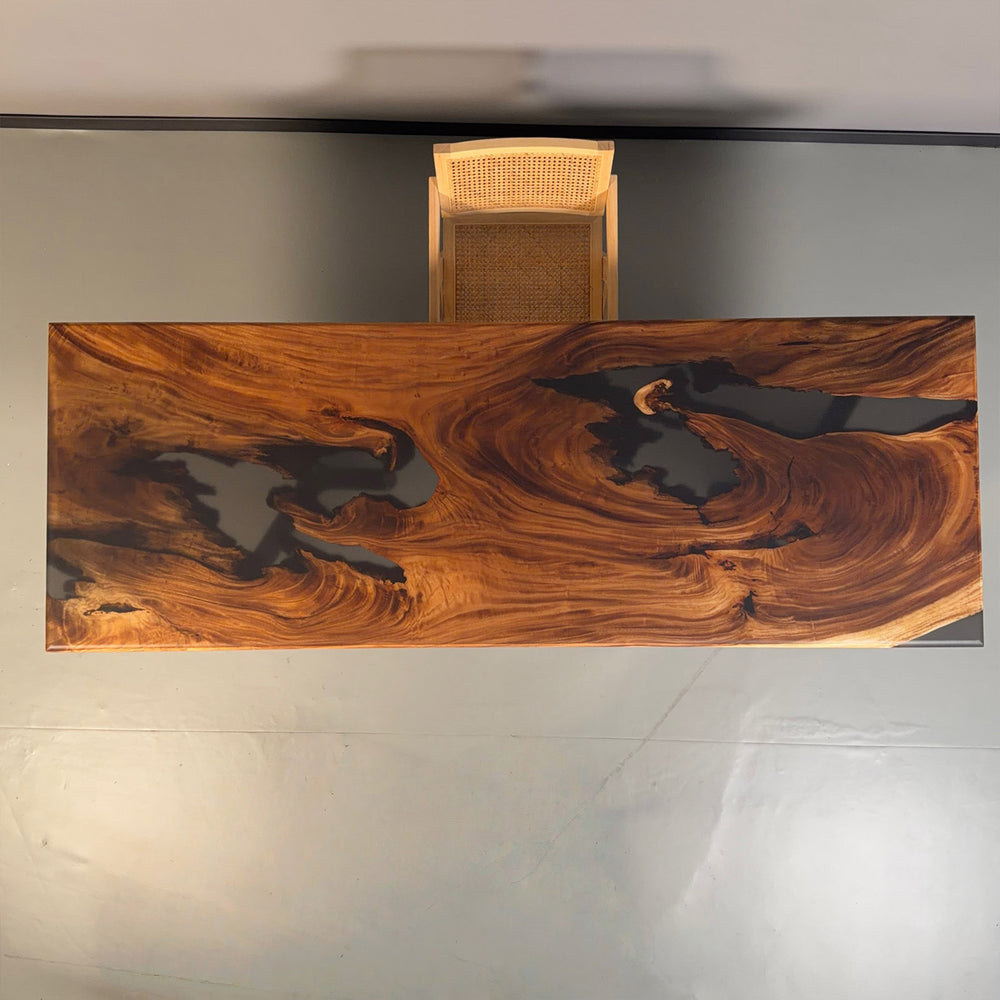 Custom Walnut Epoxy River Table with smoke resin inlay - Top View.