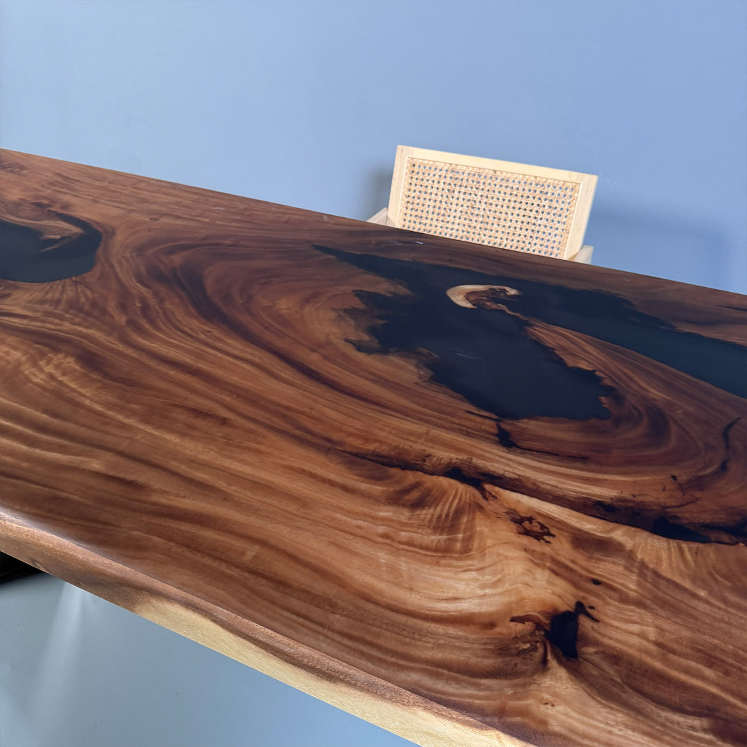 Sustainable Solid Walnut Wood furniture with smoke-gray epoxy resin.