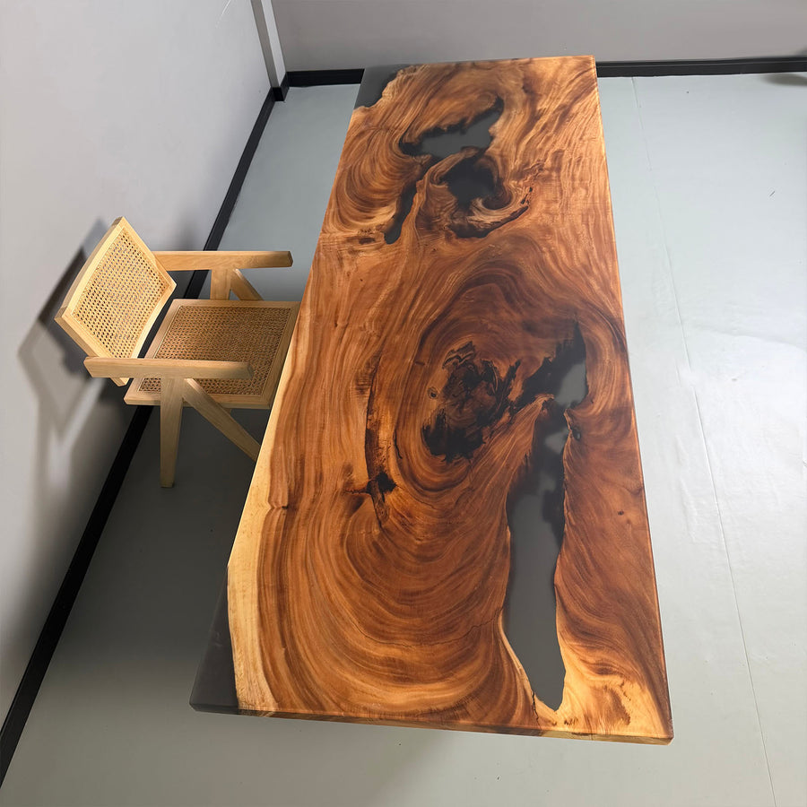 In stock premium walnut epoxy table with natural wood grain