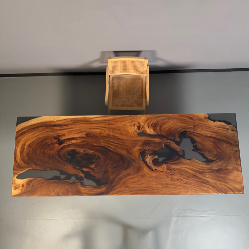 Premium walnut slab epoxy table with organic voids