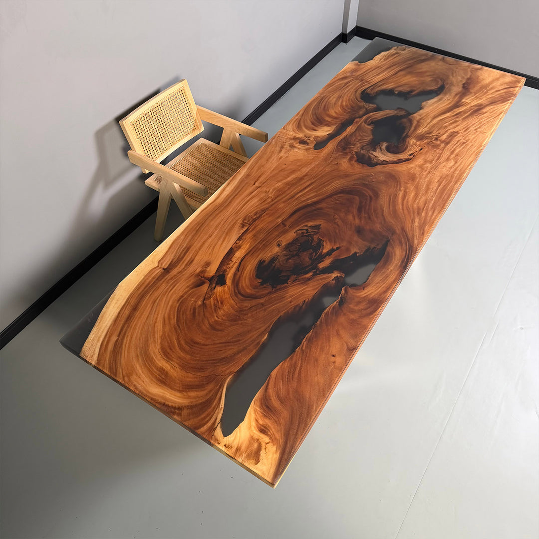 Natural walnut live edge epoxy table with dark resin accents