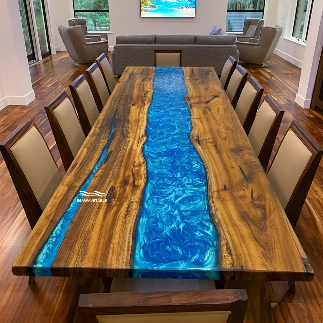 Luxury epoxy resin dining table with flowing ocean blue patterns