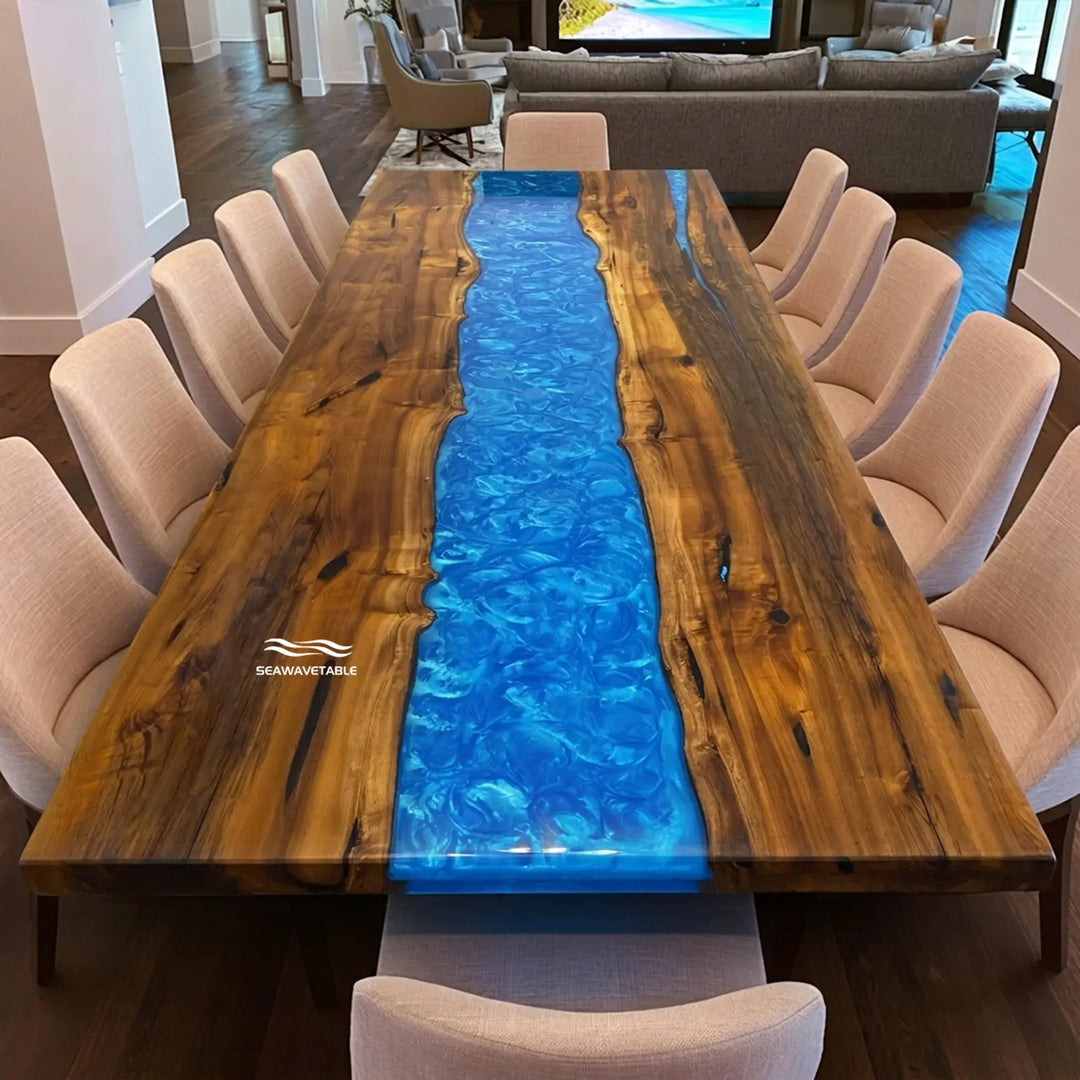 Blue ocean river epoxy dining table with golden brown natural wood grain