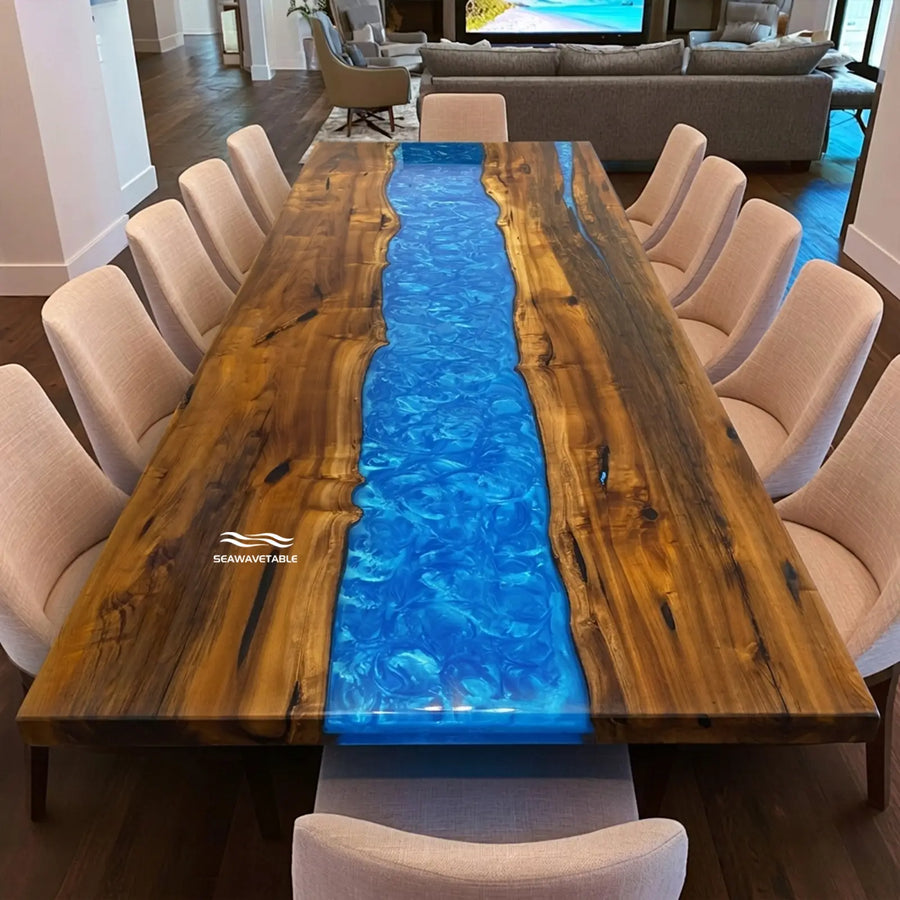 Blue ocean river epoxy dining table with golden brown natural wood grain