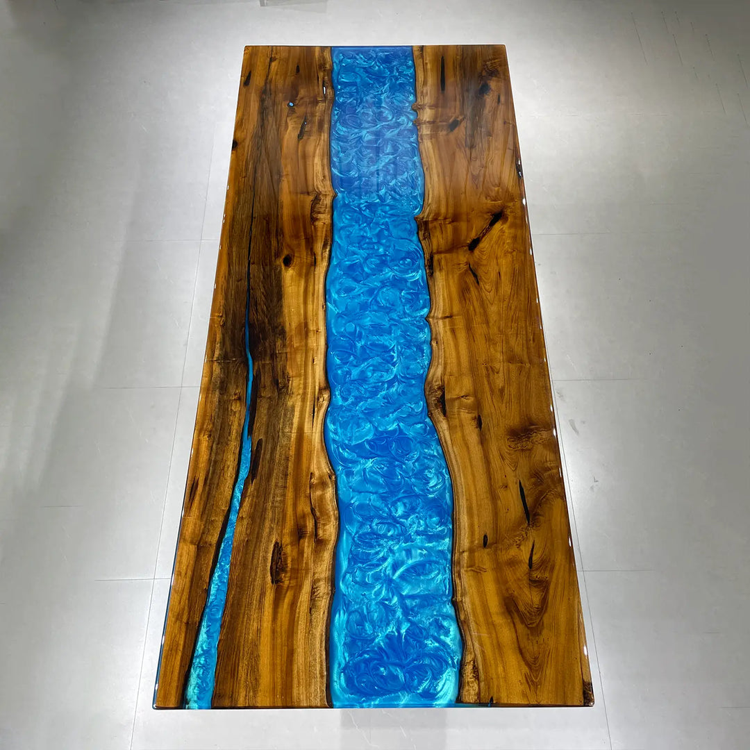 Modern wood and epoxy dining table with double blue river design