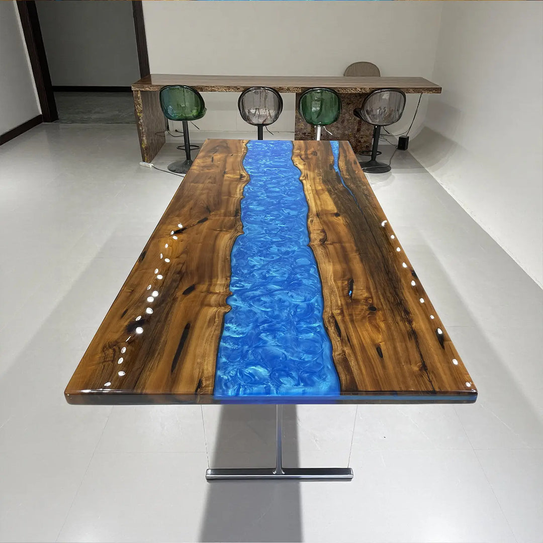 Ocean inspired resin dining table with natural wood grain details