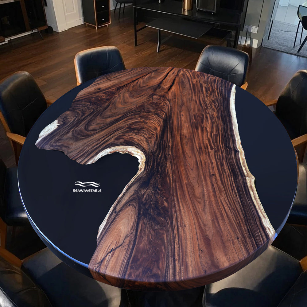 Handcrafted round epoxy resin table featuring walnut wood and black resin