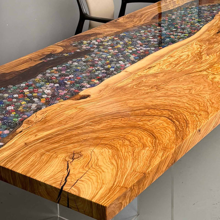 Custom artisan olive wood river table with gaming dice centerpiece