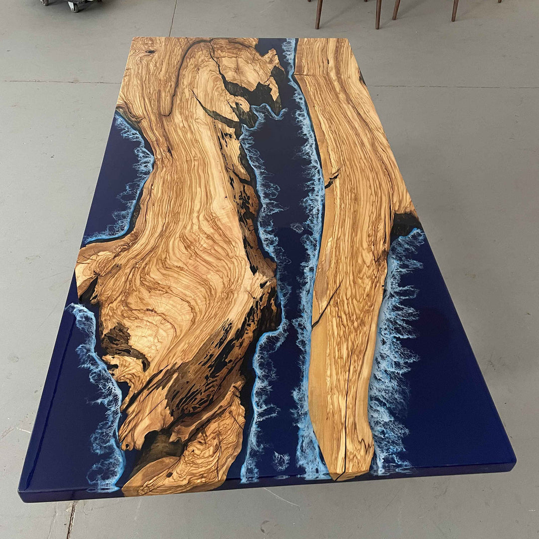 Stylish live edge desk with clear epoxy river for home office