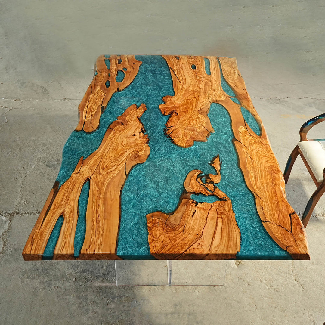 Handmade live edge wood dining table with stunning epoxy river detail