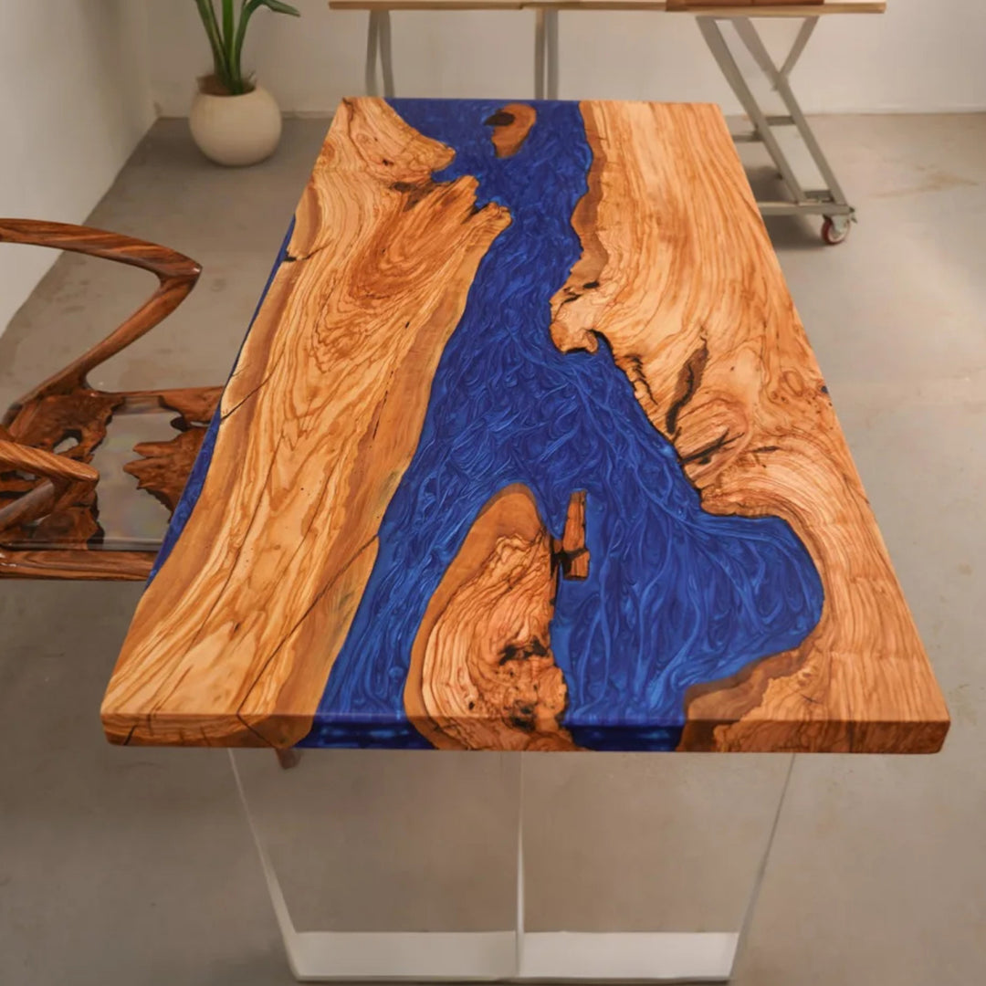 Organic live edge wood slab table ideal for modern offices or studios