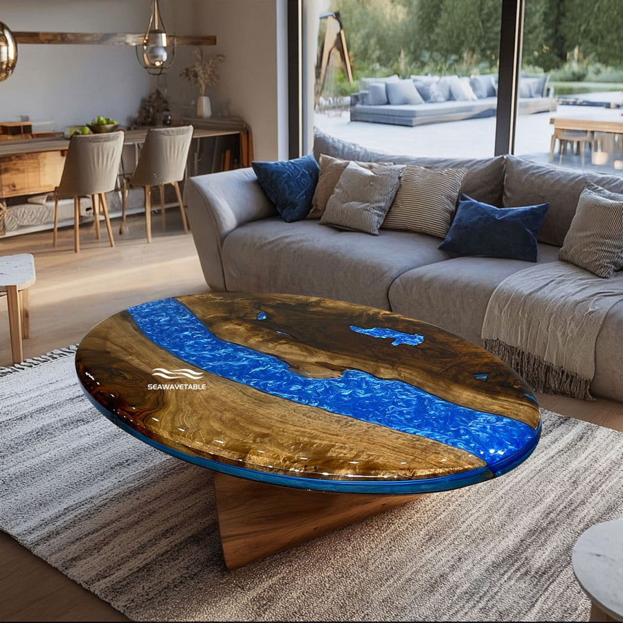 Los Angeles contemporary art black walnut swirling blue epoxy oval table