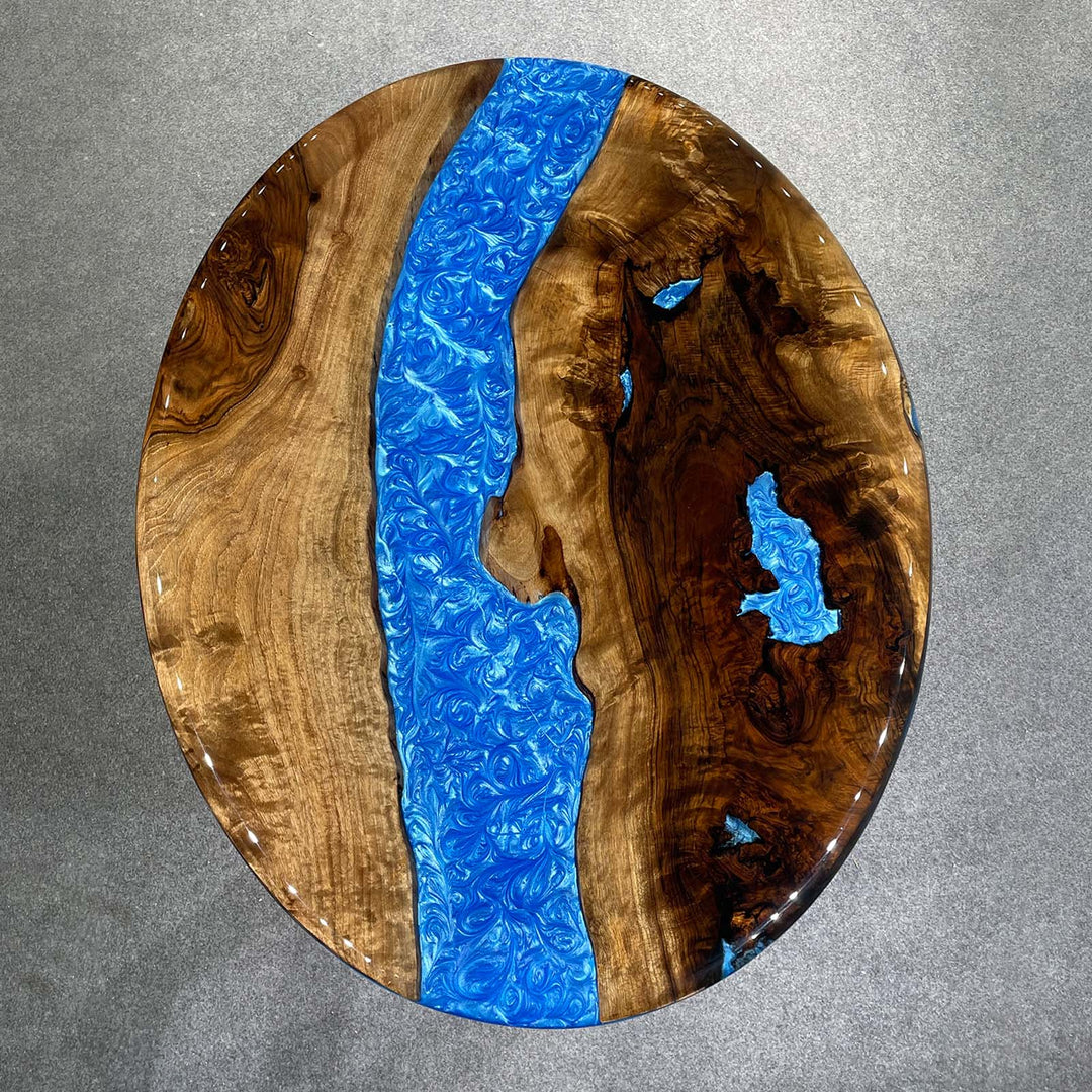 High-end oval black walnut table with artistic blue epoxy river CRT-251